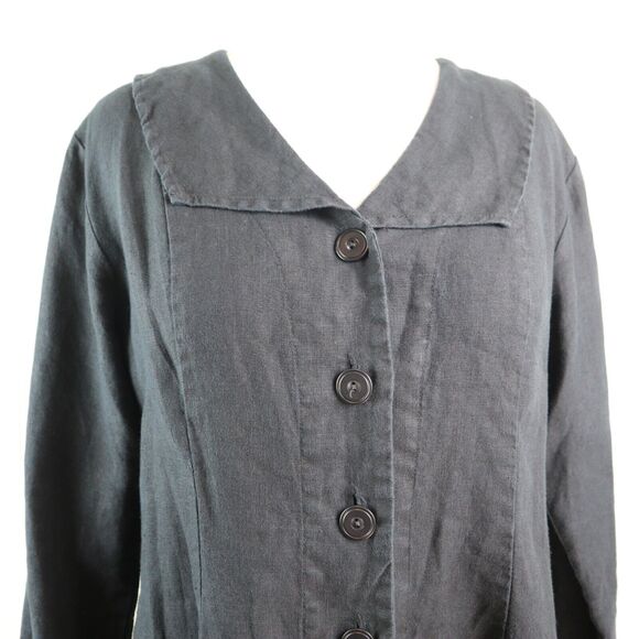 Flax Size M Woven Linen Button Down Blouse Collared Top Black - Picture 7 of 9